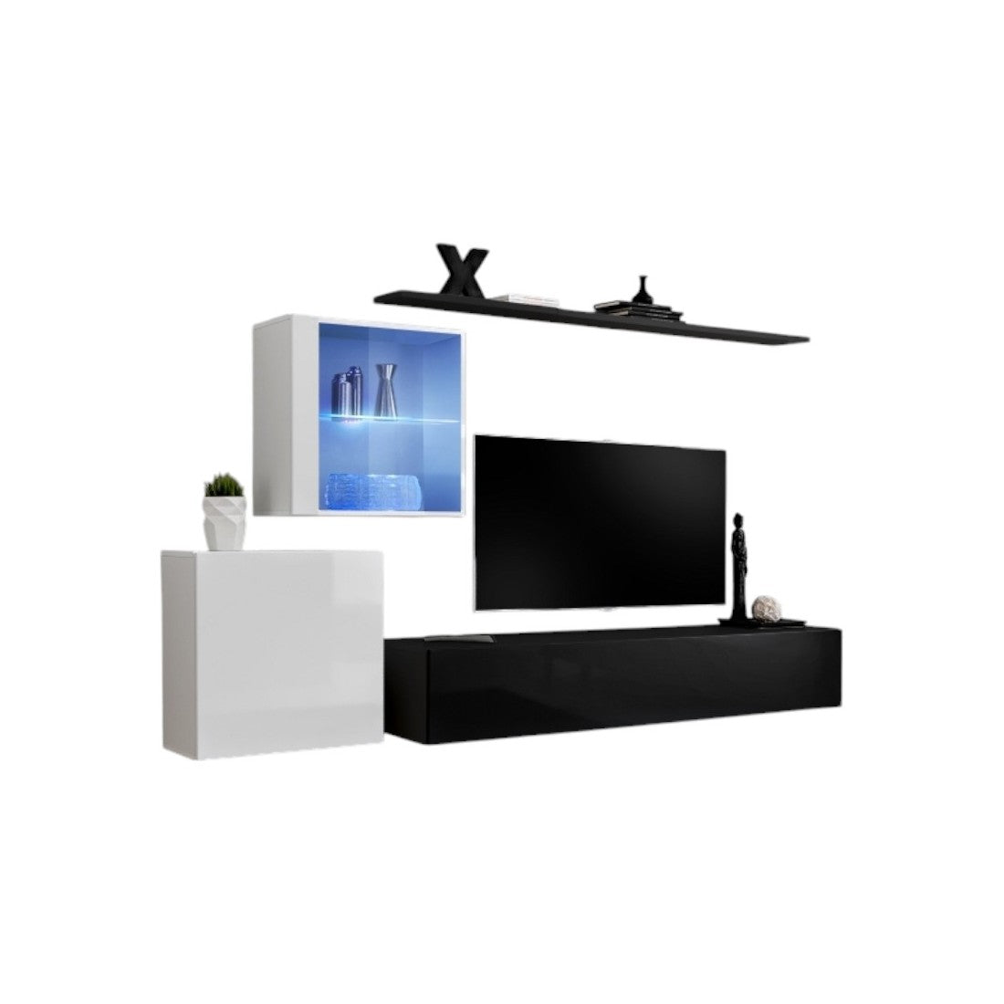 Insieme di mobili da salotto da parete SWITCH XV design, colori nero e bianco lucido.