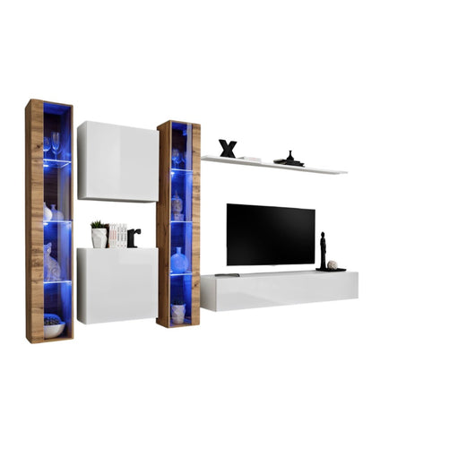 Set di mobili da salotto da parete SWITCH XVI design, colore bianco lucido e quercia Wotan.