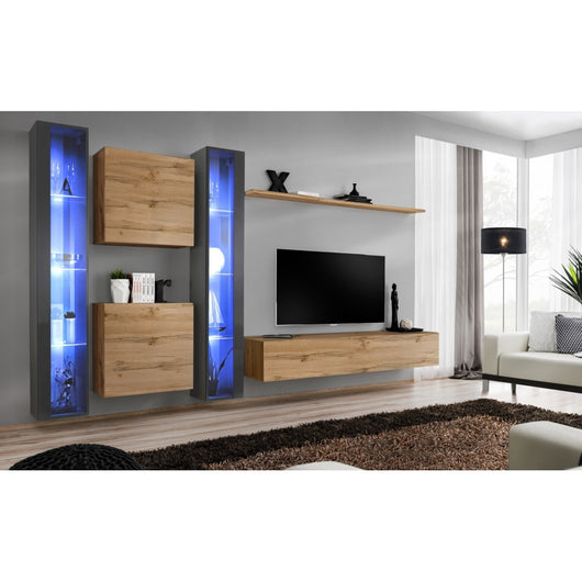 Set di mobili da soggiorno da parete SWITCH XVI design, colore rovere Wotan e grigio lucido.