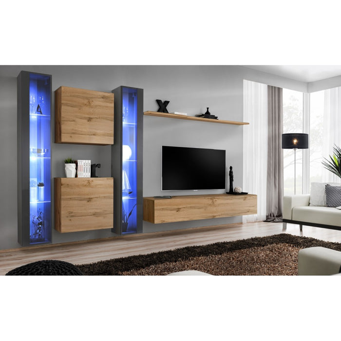 Set di mobili da soggiorno da parete SWITCH XVI design, colore rovere Wotan e grigio lucido.