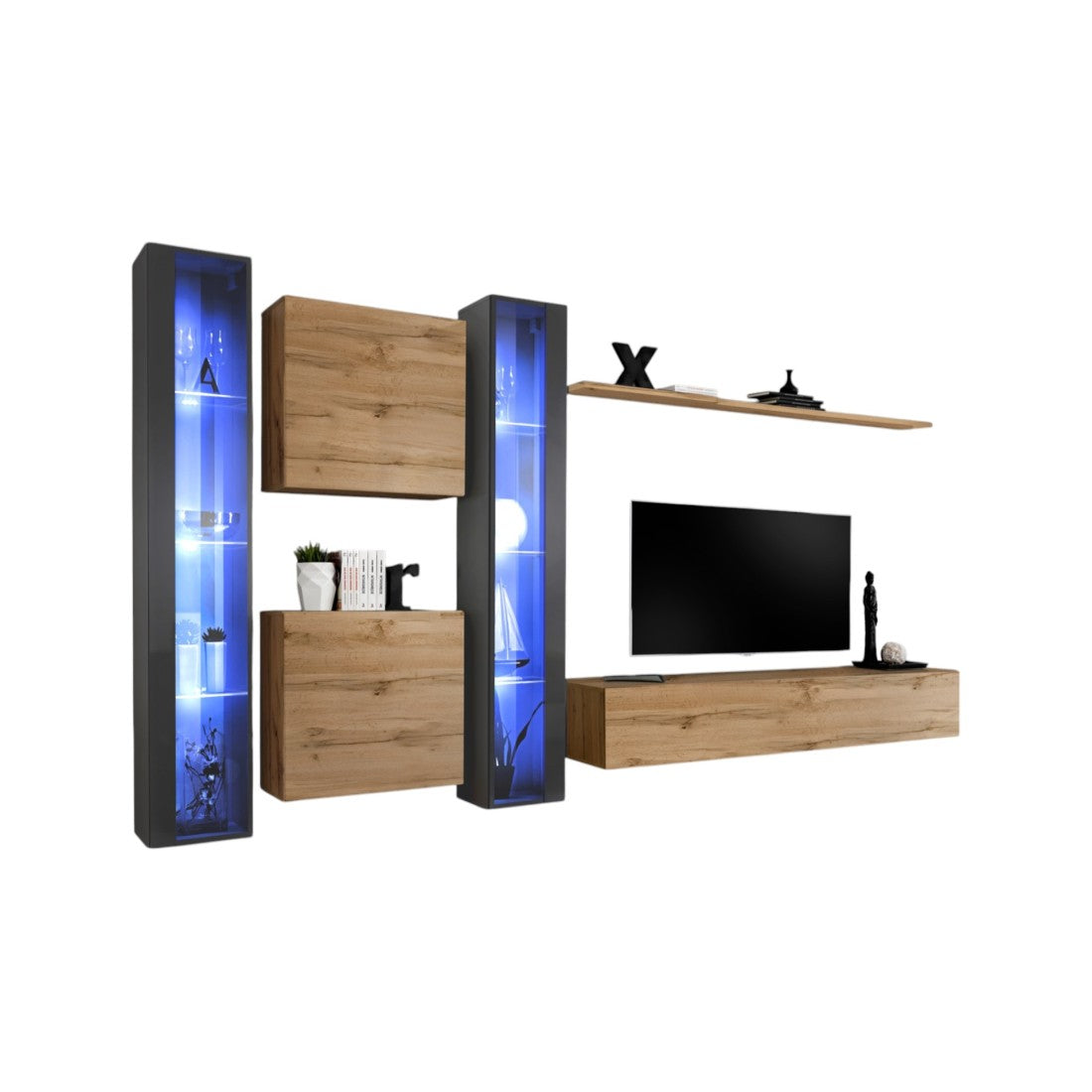 Set di mobili da soggiorno da parete SWITCH XVI design, colore rovere Wotan e grigio lucido.