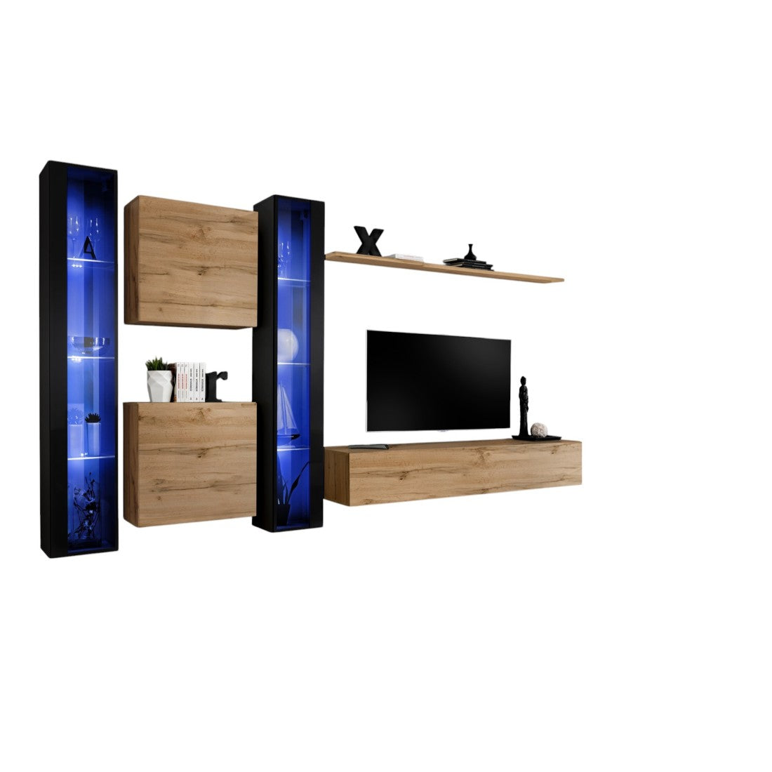 Mobile da salotto a parete SWITCH XVI design, colore rovere Wotan e nero lucido.