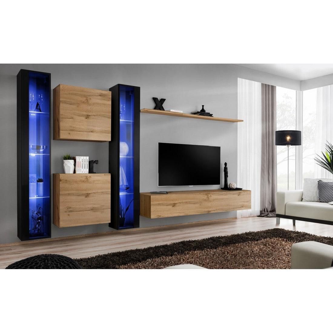 Mobile da salotto a parete SWITCH XVI design, colore rovere Wotan e nero lucido.