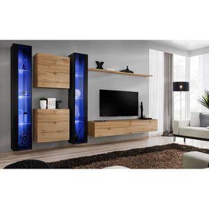 Mobile da salotto a parete SWITCH XVI design, colore rovere Wotan e nero lucido.