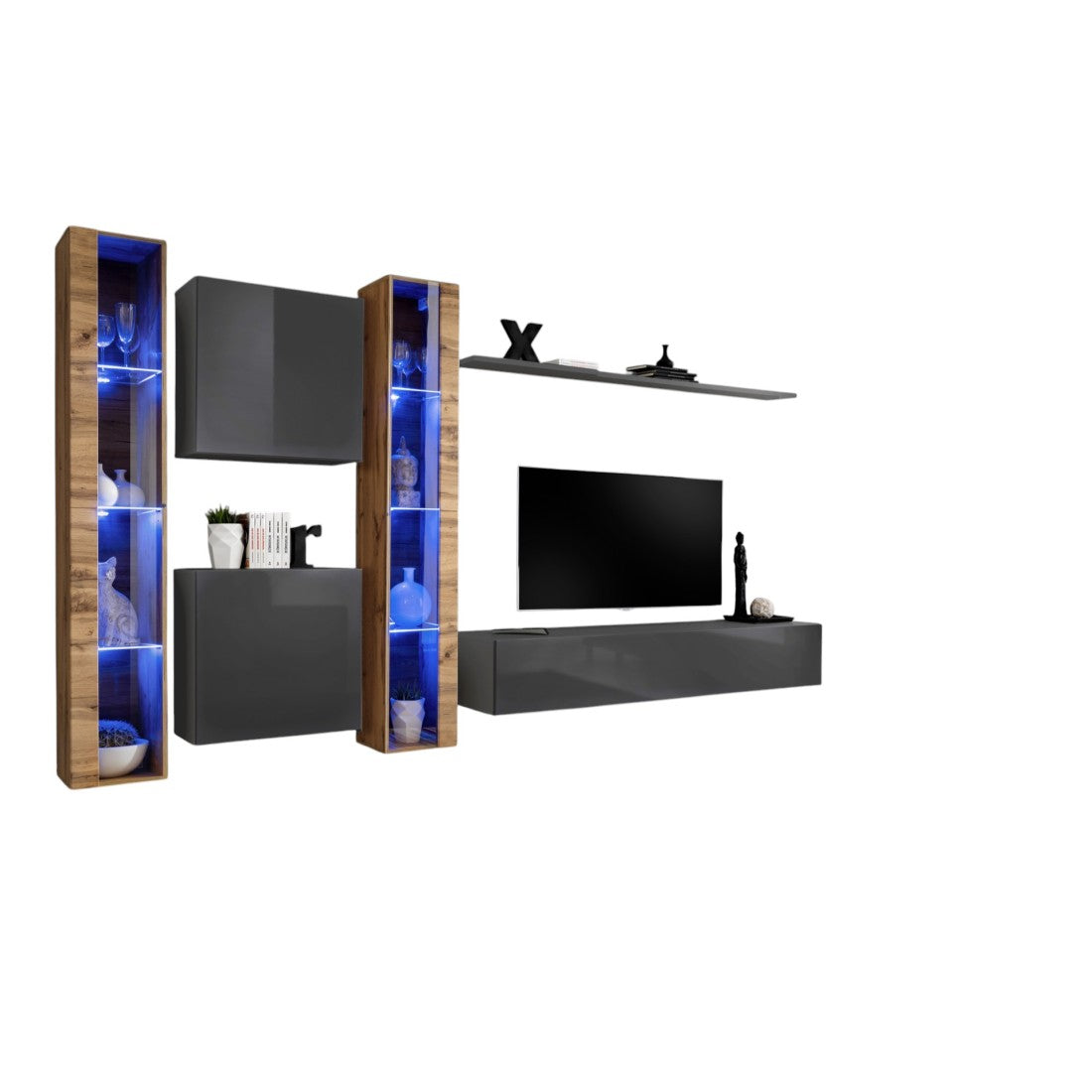 Set di mobili da salotto da parete SWITCH XVI design, colore grigio lucido e quercia Wotan.