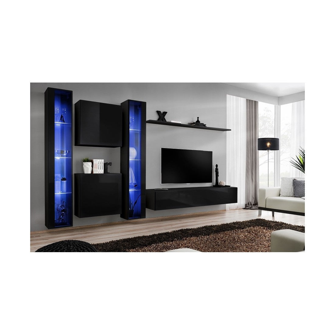 Mobile da salotto murale SWITCH XVI design, colore nero lucido.
