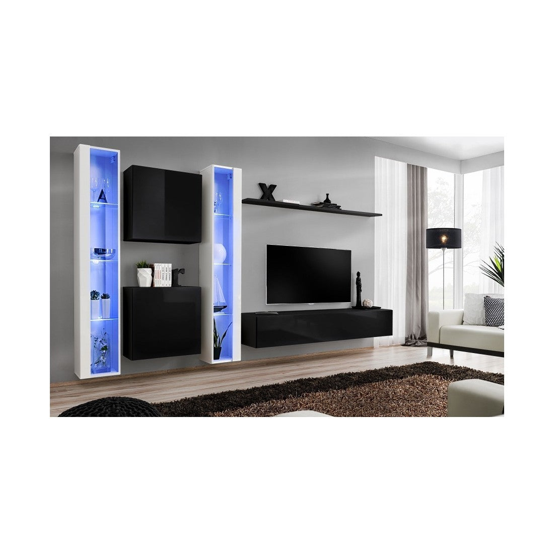 Set mobile da salotto da parete SWITCH XVI design, colori nero e bianco lucido.
