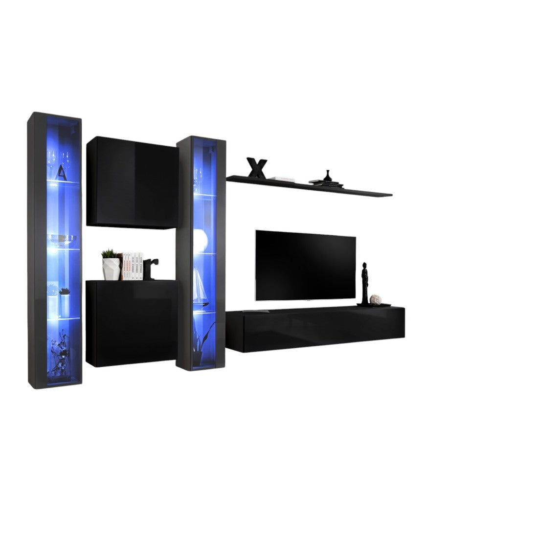 Set di mobili da salotto da parete SWITCH XVI design, colori nero e grigio lucido.