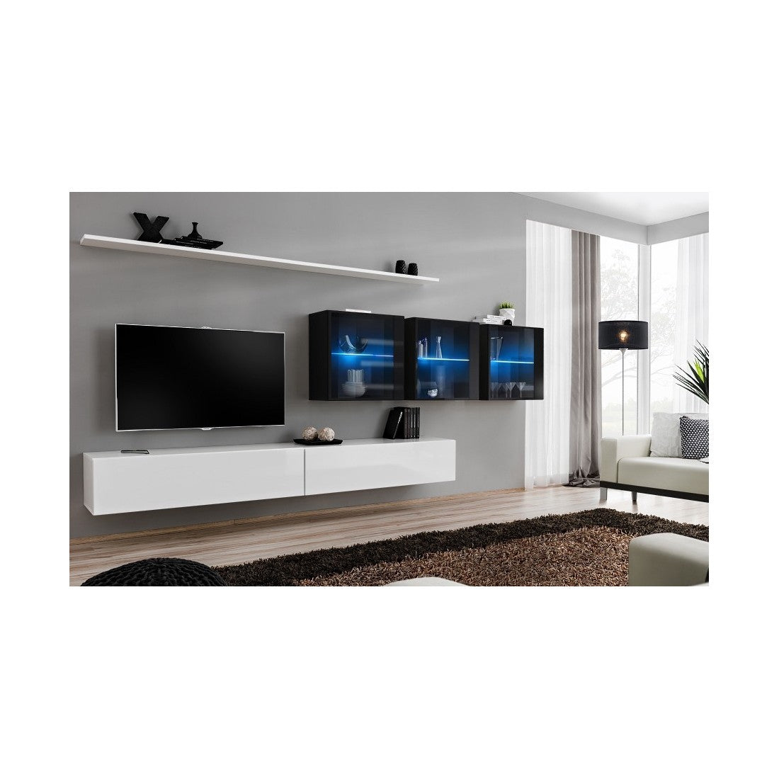 Set di mobili da salotto murali SWITCH XVII design, colore bianco e nero lucido.