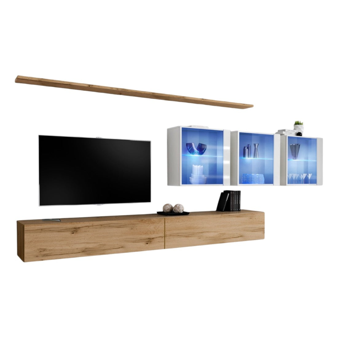 Mobile da soggiorno parete SWITCH XVII design, colori quercia Wotan e bianco lucido.