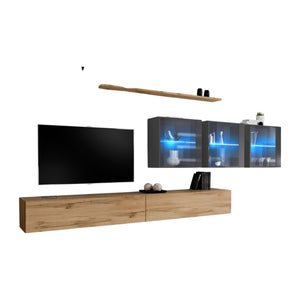 Mobile per soggiorno da parete SWITCH XVII design, colore rovere Wotan e grigio lucido.