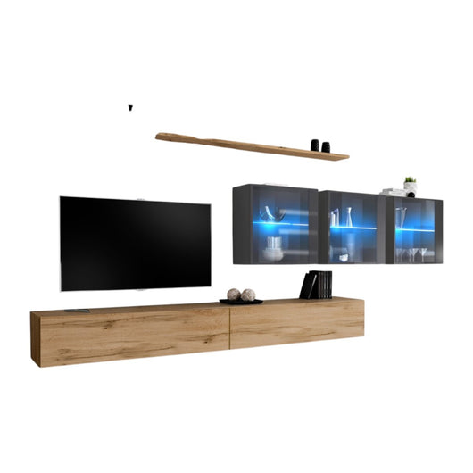 Mobile per soggiorno da parete SWITCH XVII design, colore rovere Wotan e grigio lucido.