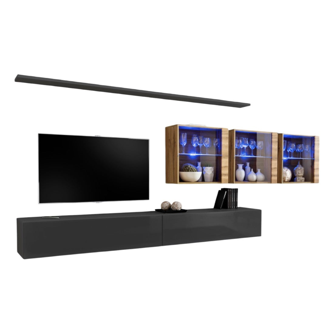 Mobile da soggiorno a parete SWITCH XVII design, colore grigio lucido e rovere Wotan.