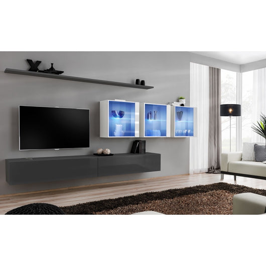 Set di mobili da salotto da parete SWITCH XVII design, colori grigio e bianco lucido.