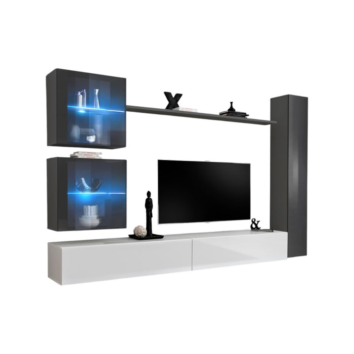 Mobile da soggiorno a parete SWITCH XVIII design, colori bianco e grigio lucido.