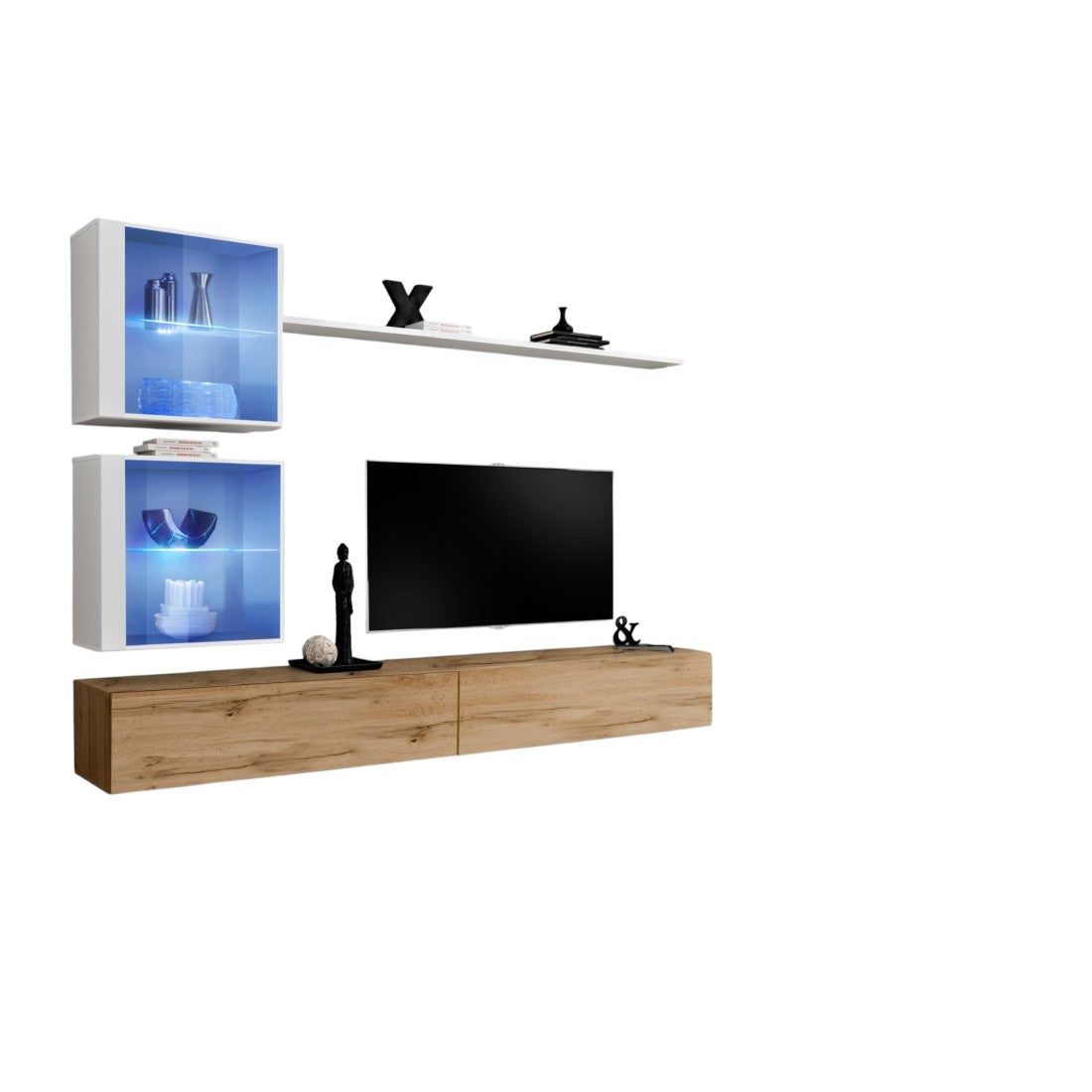 Mobile da salotto murale SWITCH XVIII design, colore rovere Wotan e bianco lucido.