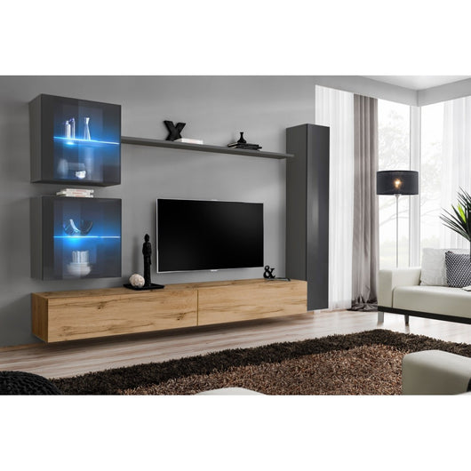 Mobile da salotto da parete SWITCH XVIII design, colori rovere Wotan e grigio lucido.