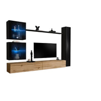 Set di mobili da salotto da parete SWITCH XVIII design, colore quercia Wotan e nero lucido.