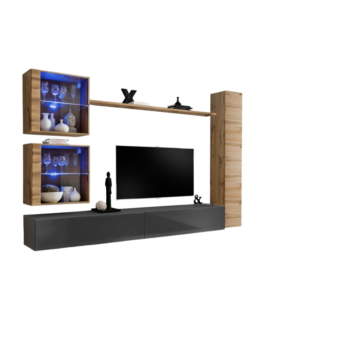 Mobile da soggiorno da parete SWITCH XVIII design, colore grigio lucido e quercia Wotan.