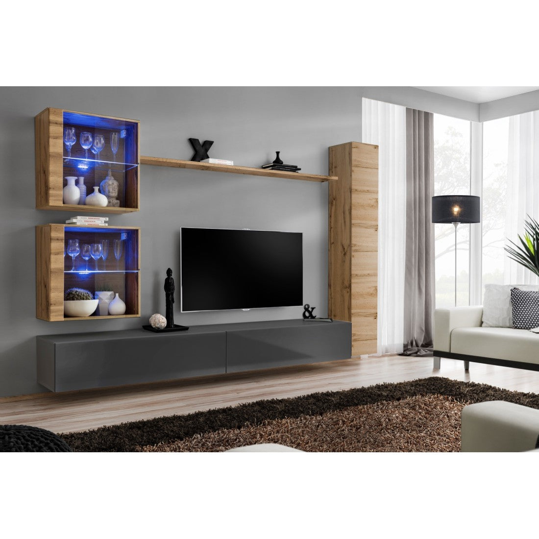 Mobile da soggiorno da parete SWITCH XVIII design, colore grigio lucido e quercia Wotan.