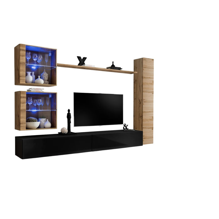 Mobile da soggiorno da parete SWITCH XVIII design, colore nero lucido e quercia Wotan.