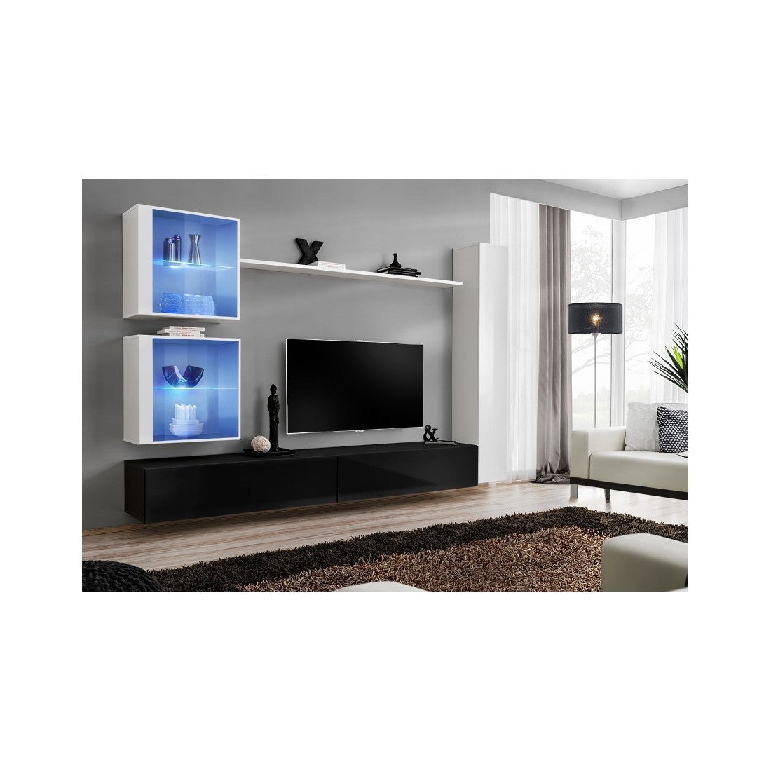 Set di mobili da soggiorno da parete SWITCH XVIII design, colore nero e bianco lucido.