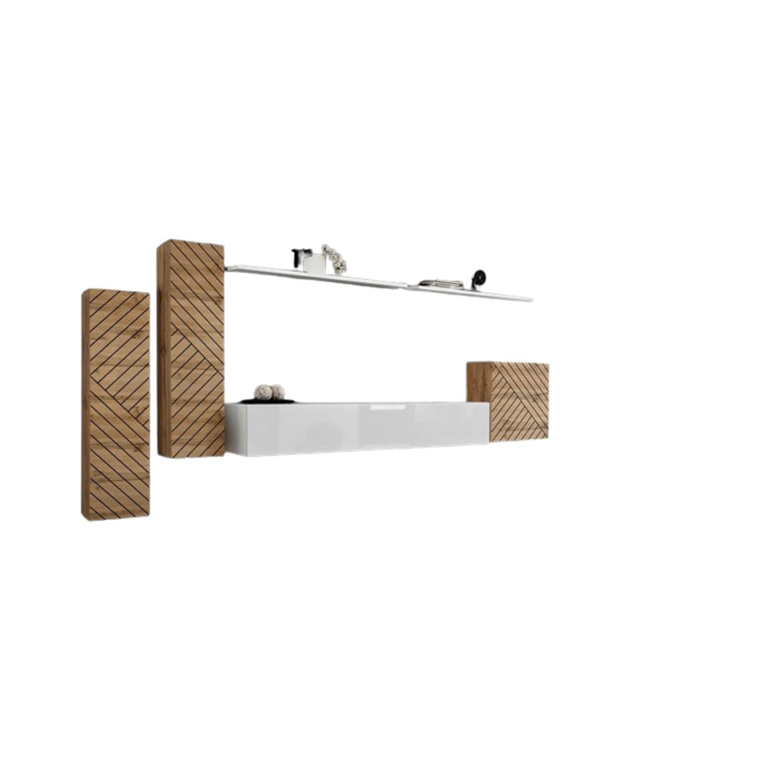 Set mobile da salotto SWITCH I design, colore rovere Wotan e bianco. Finiture effetto rovere fresato.