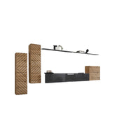 Set di mobili da salotto SWITCH I design, colore quercia wotan e grigio. Finiture delle facciate effetto quercia fresata.