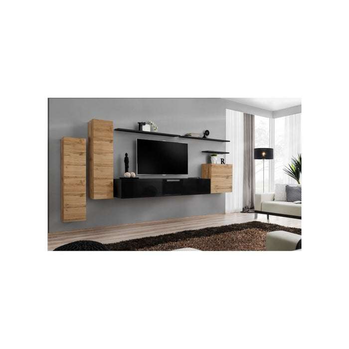 Set di mobili da salotto SWITCH I, design, colore rovere Wotan e nero lucido.