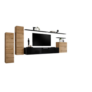 Set di mobili da salotto SWITCH I, design, colore rovere Wotan e nero lucido.