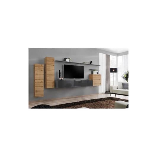 Set di mobili da salotto SWITCH I design, colore grigio lucido e quercia Wotan.