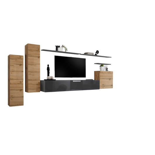 Set di mobili da salotto SWITCH I design, colore grigio lucido e quercia Wotan.