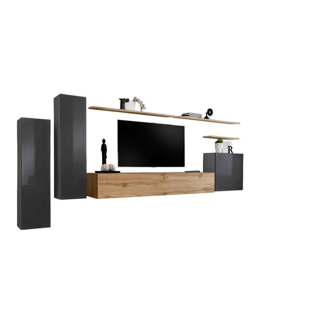 Set di mobili da salotto SWITCH I design, colore grigio lucido e quercia Wotan.