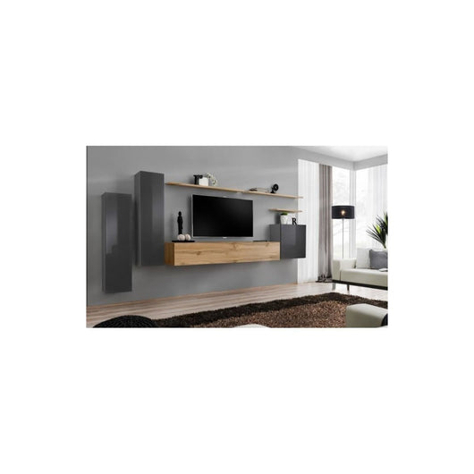 Set di mobili da salotto SWITCH I design, colore grigio lucido e quercia Wotan.