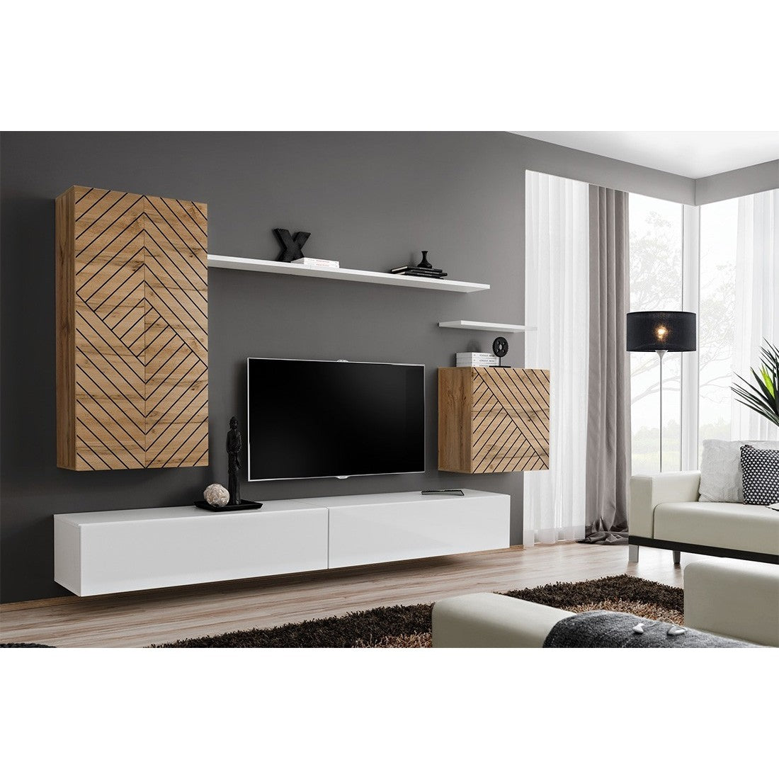 Set mobile soggiorno SWITCH II – Rovere Wotan e Bianco – Finiture effetto rovere fresato – Design moderno