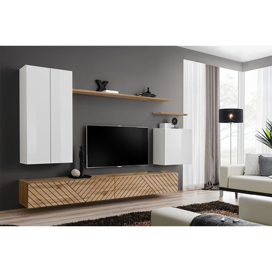 Set mobile soggiorno SWITCH II design, colore bianco e rovere wotan. Finiture in bianco lucido e rovere fresato.