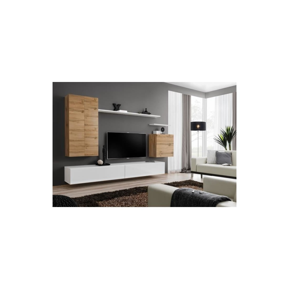 Set di mobili per soggiorno SWITCH II design, colore quercia Wotan e bianco lucido.