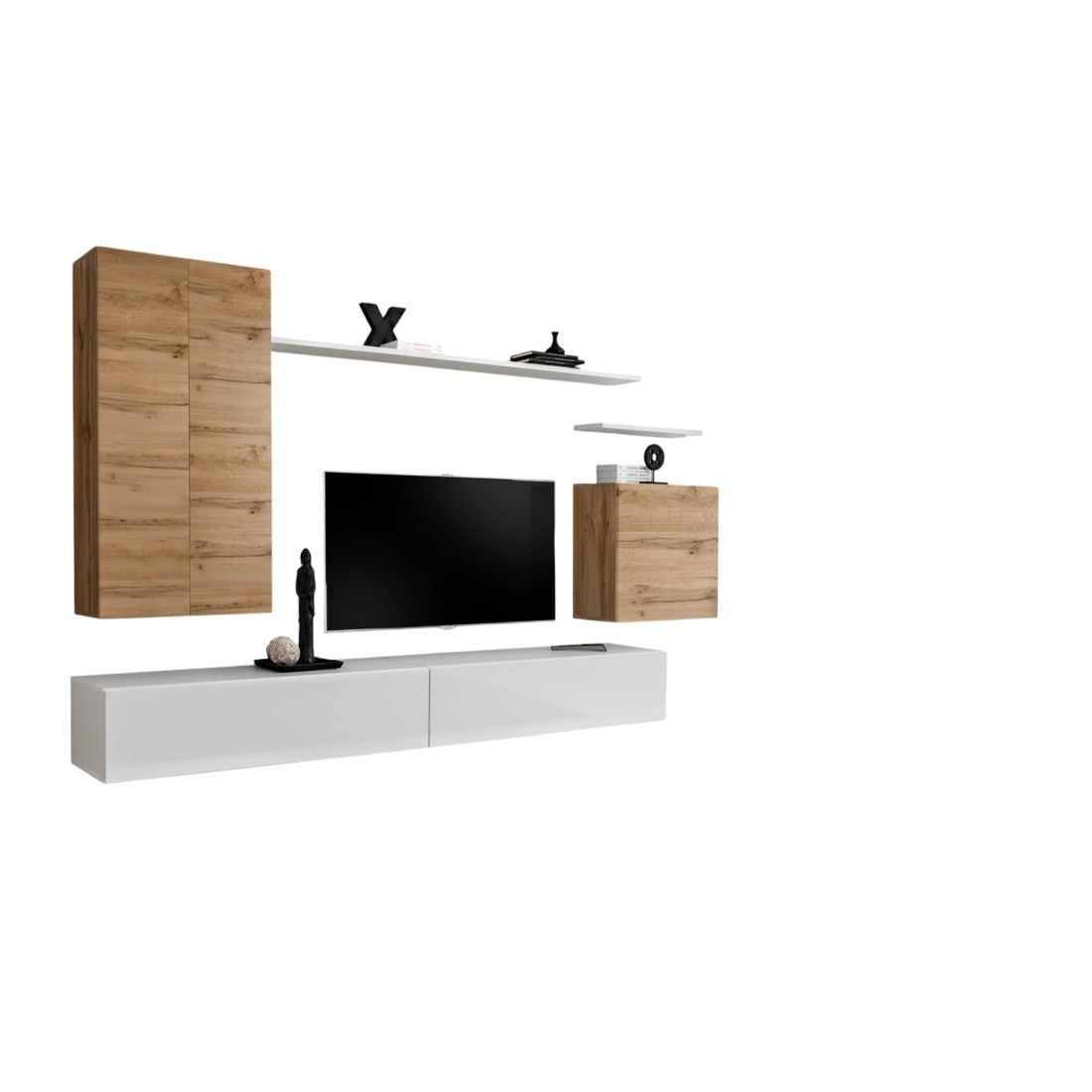 Set di mobili per soggiorno SWITCH II design, colore quercia Wotan e bianco lucido.