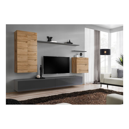 Set mobile da salotto SWITCH II design, colore rovere Wotan e grigio lucido.