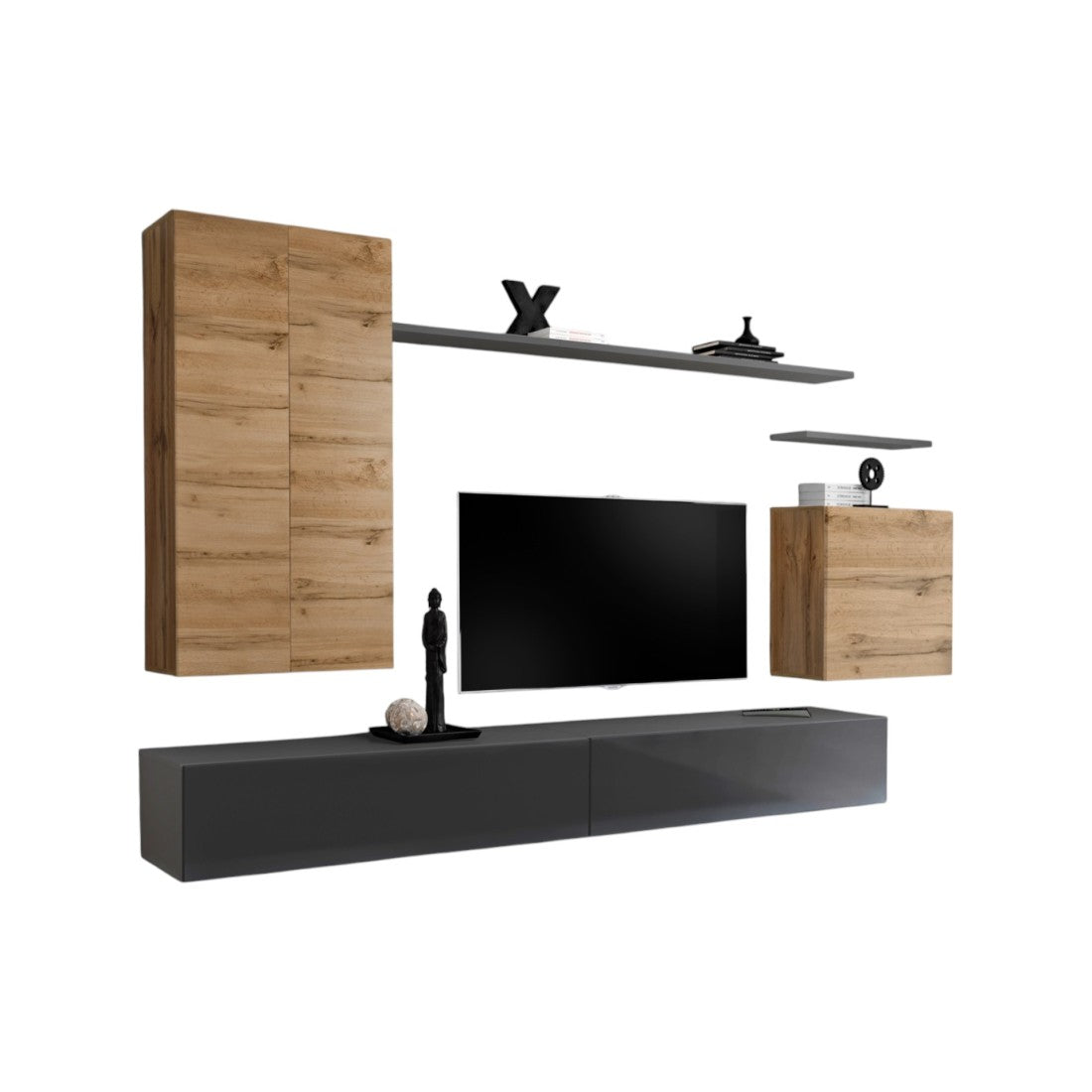 Set mobile da salotto SWITCH II design, colore rovere Wotan e grigio lucido.