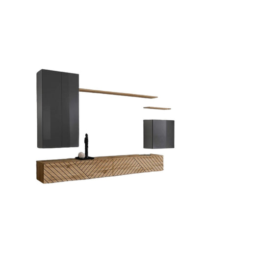 Set di mobili da salotto SWITCH II, grigio e rovere wotan, finiture effetto grigio lucido e rovere fresato