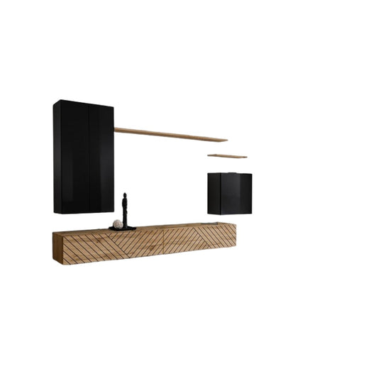 Set di mobili da salotto SWITCH II design, colore nero e rovere wotan. Finiture in nero lucido effetto e rovere fresato.