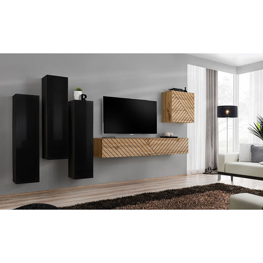 Set di mobili per soggiorno SWITCH III design, colori nero e rovere. Finiture lucide e effetto rovere fresato.