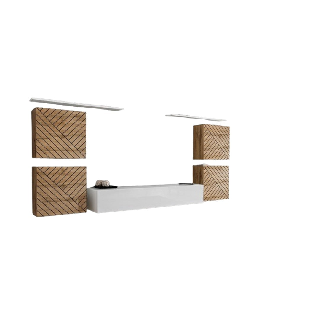 Set mobile sala SWITCH IV. Colori rovere wotan e bianco. Finiture in rovere fresato e bianco lucido.