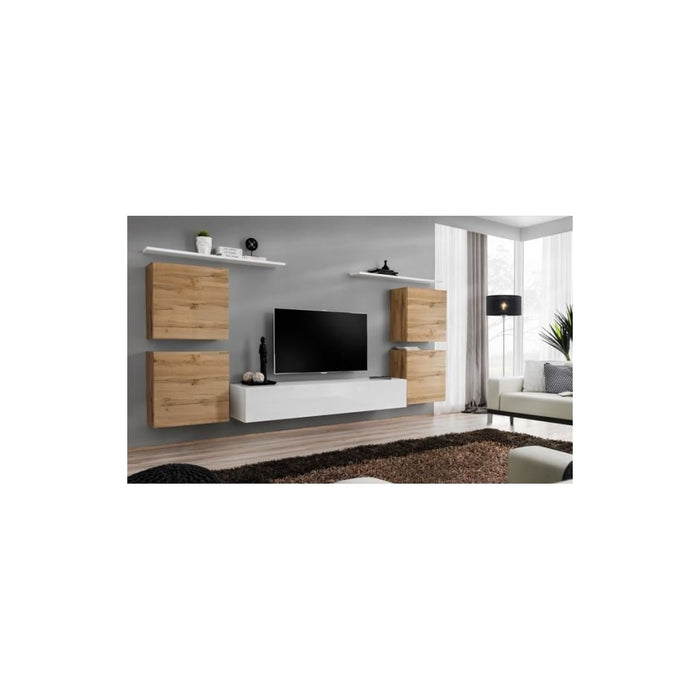 Set di mobili da soggiorno SWITCH IV design, colore bianco e rovere Wotan.