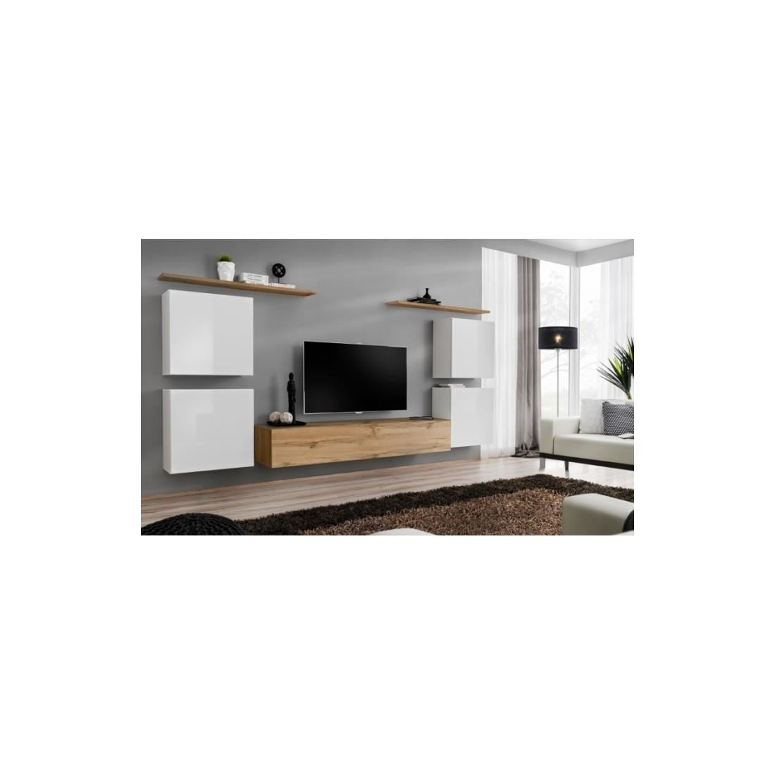 Set di mobili da salotto SWITCH IV design, colore quercia Wotan e bianco.