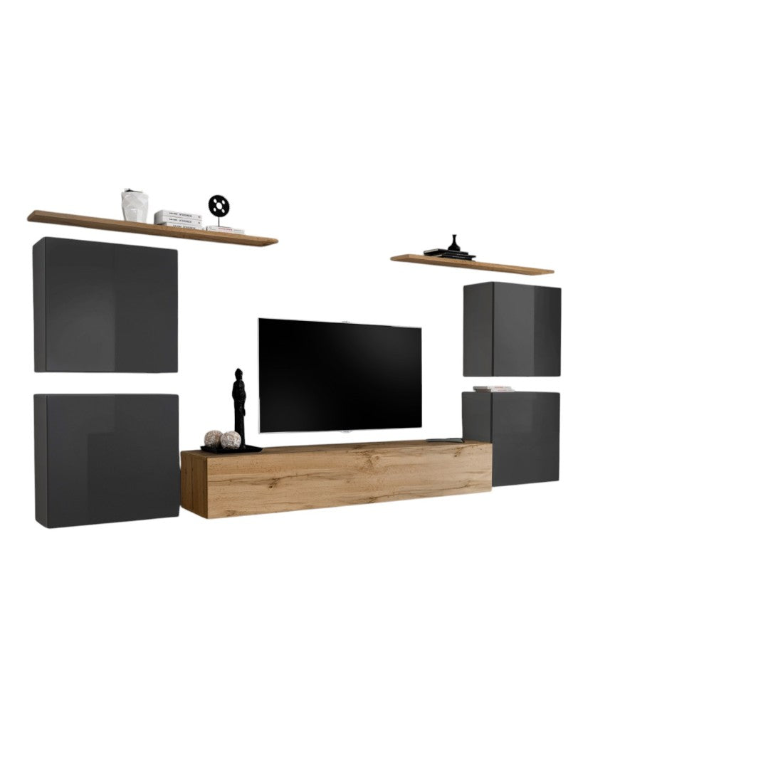 Set di mobili da salotto SWITCH IV design, colore rovere Wotan e grigio lucido.