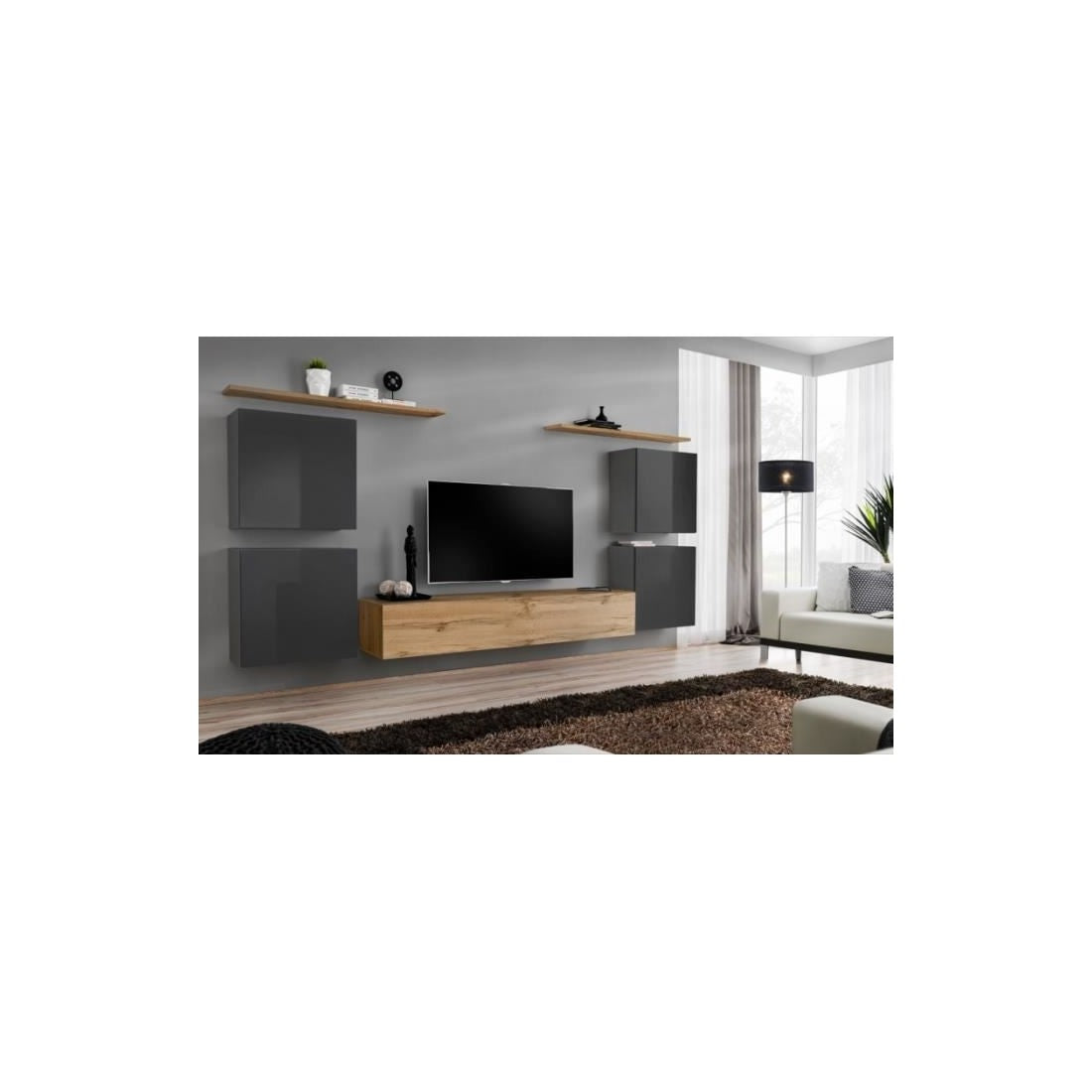 Set di mobili da salotto SWITCH IV design, colore rovere Wotan e grigio lucido.