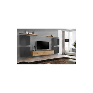 Set di mobili da salotto SWITCH IV design, colore rovere Wotan e grigio lucido.