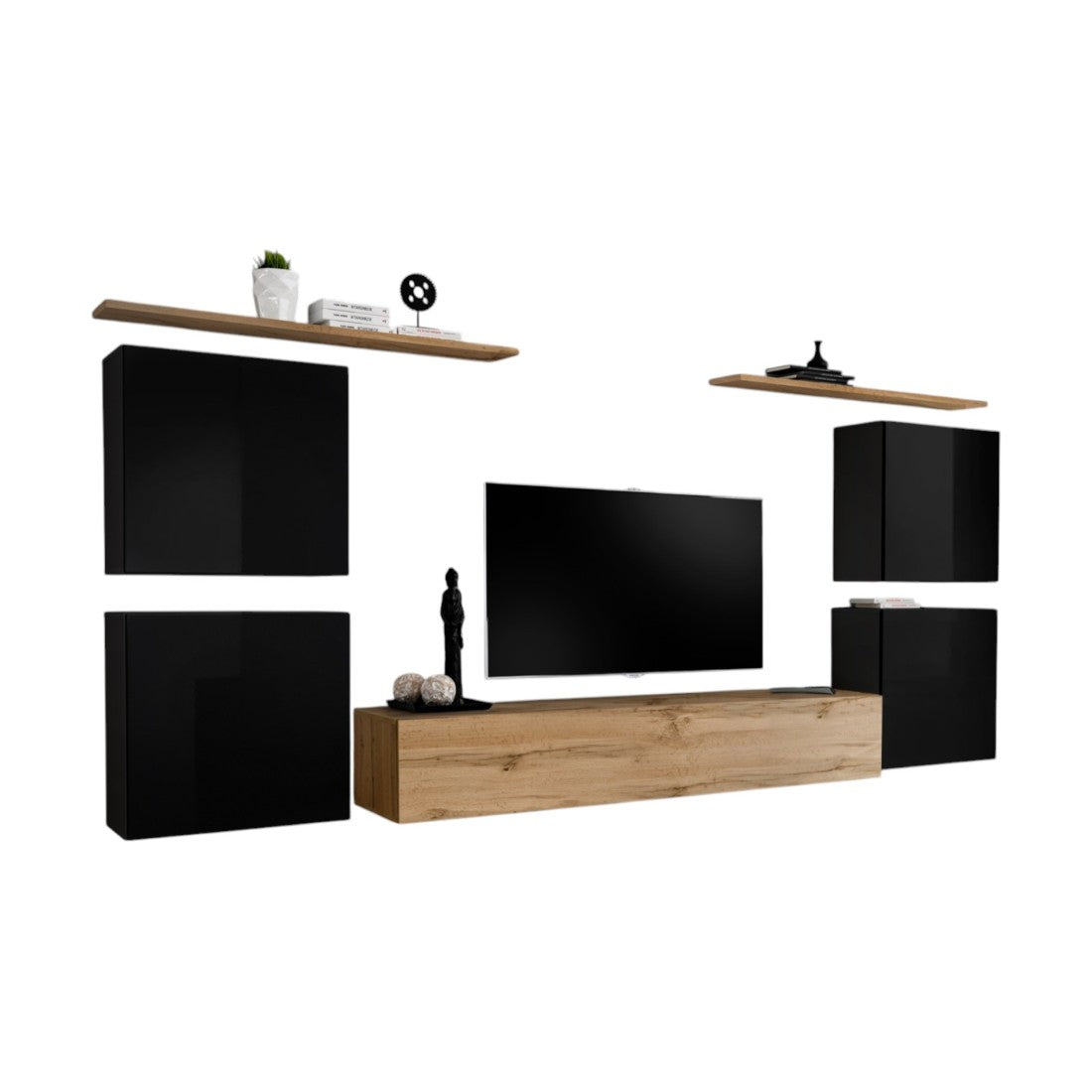 Set di mobili per soggiorno SWITCH IV design, colore quercia Wotan e nero lucido.